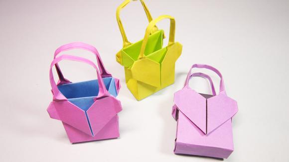 视频儿童手工折纸包包 简单爱心手提包的折法