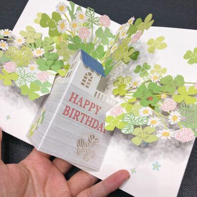 日本购 幸运草花朵立体生日贺卡 清新简约卡片送朋友闺蜜妈妈