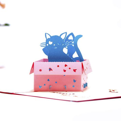 韩国创意 3d立体贺卡生日小卡片定制logo祝福语留言卡可爱猫咪7折