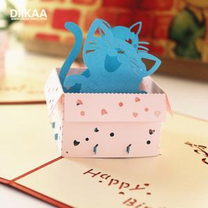 可爱猫咪3d立体贺卡 儿童节手工创意祝福剪纸雕动物模型纸卡片