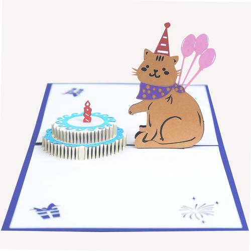 厂家供应3d立体贺卡猫咪生日贺卡纸雕镂空蛋糕创意手工生日礼物卡
