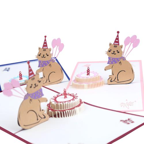 跨境创意3d立体猫咪蛋糕贺卡小猫气球纸雕贺卡生日蛋糕贺卡邀请卡